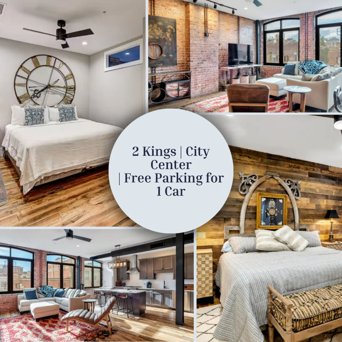 This image showcases a stylish, sunlit living space blending exposed brick walls and contemporary décor. A statement wall clock draws the eye, while plush seating and a sleek, modern kitchen create an inviting atmosphere. The large windows promise stunning sunset views, and the overall mood is cozy yet urban—perfect for relaxing or entertaining in downtown Asheville.